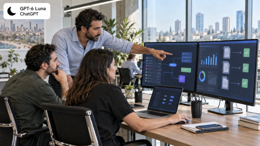 צוות עסקי עובד עם GPT-6 Luna ו-ChatGPT על אוטומציה של מסמכים ותהליכים